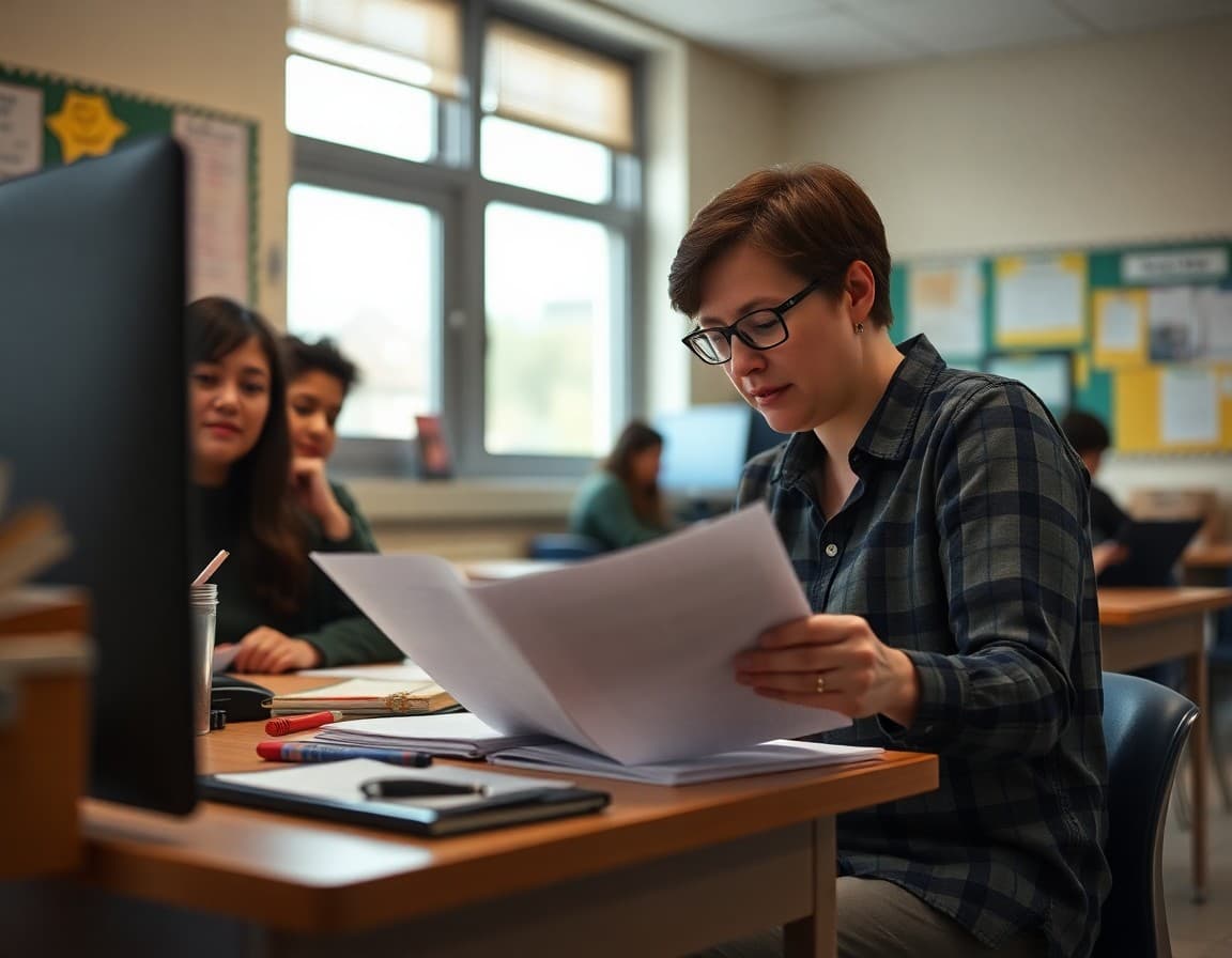 High school special education teacher reviewing newsletter draft at desk