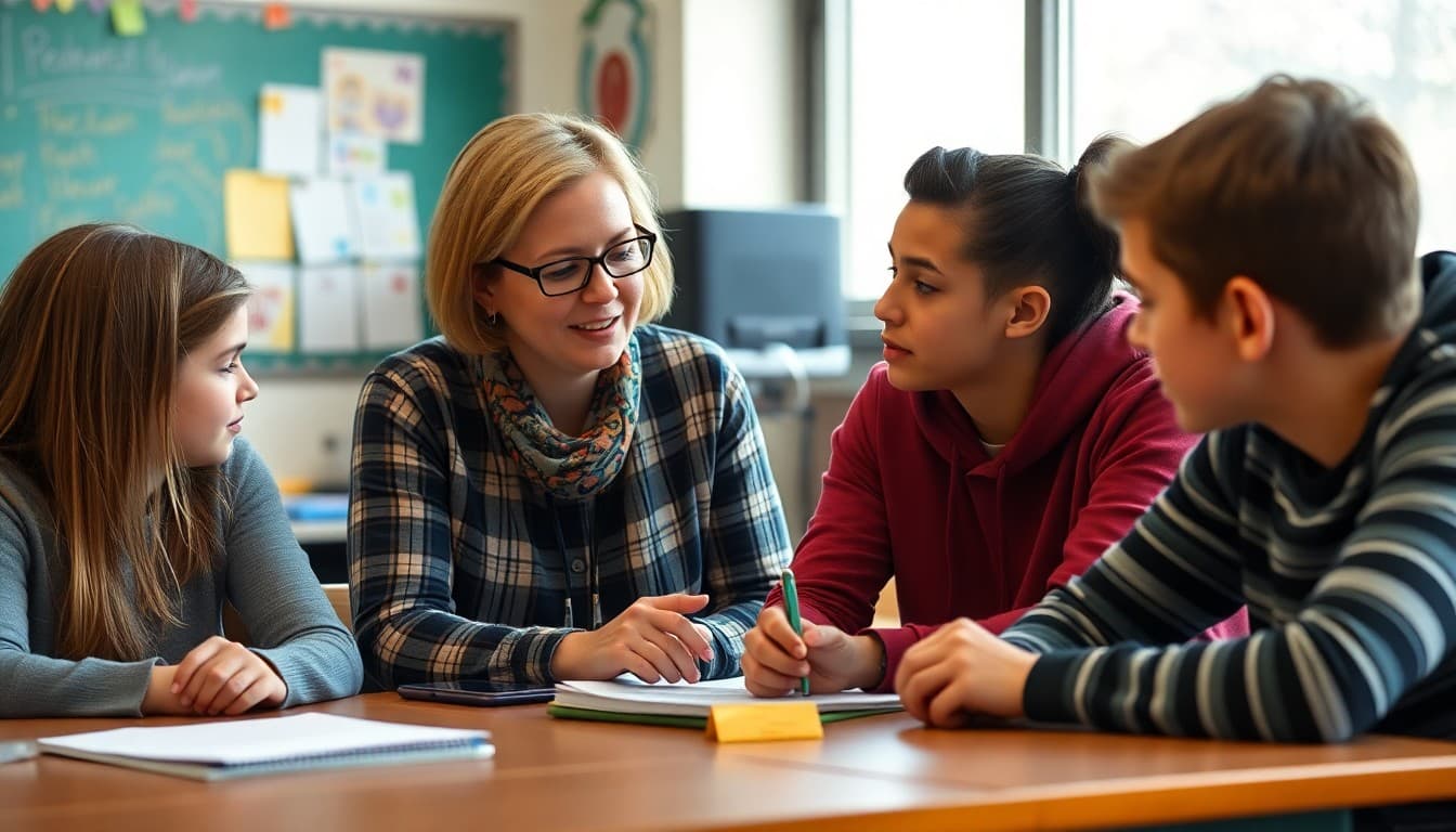 Special education teacher working with twelfth grade students in inclusive classroom setting