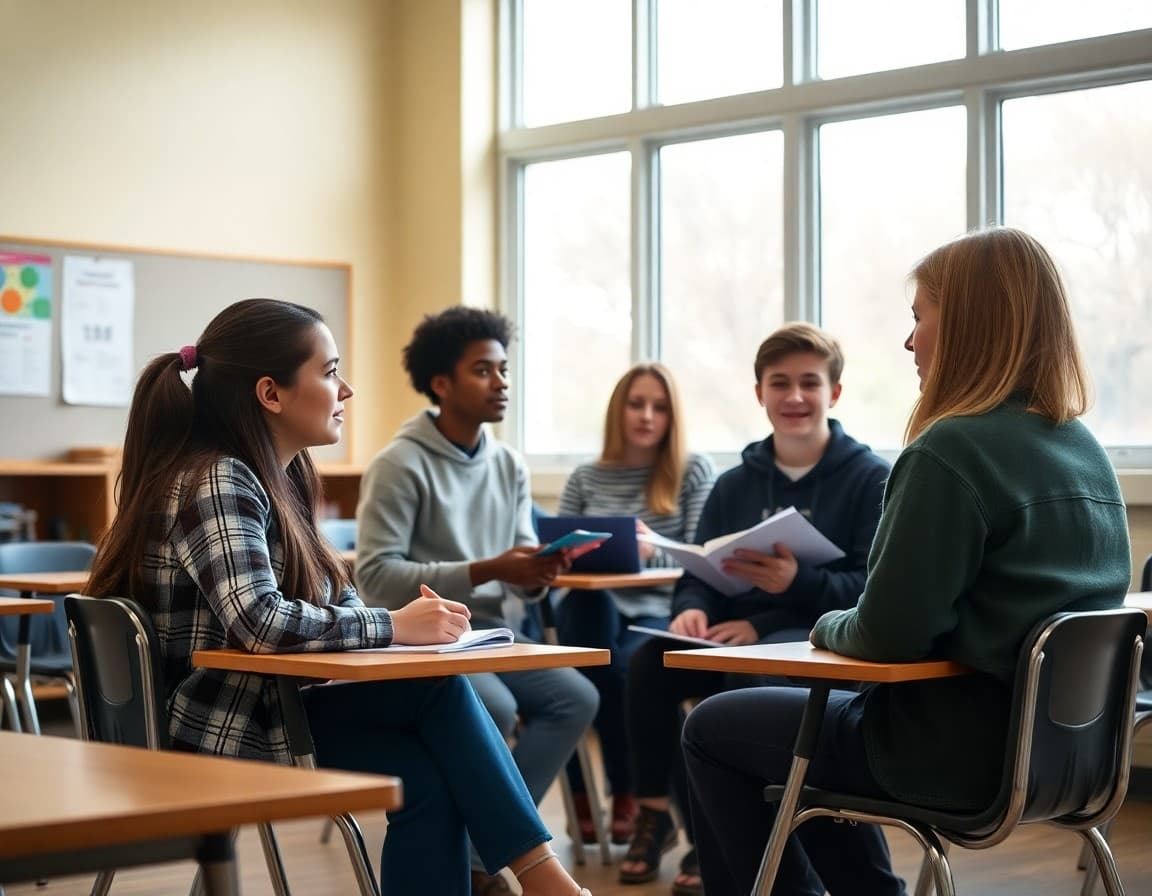 School counselor meeting with senior students to review AP exam schedules and registration