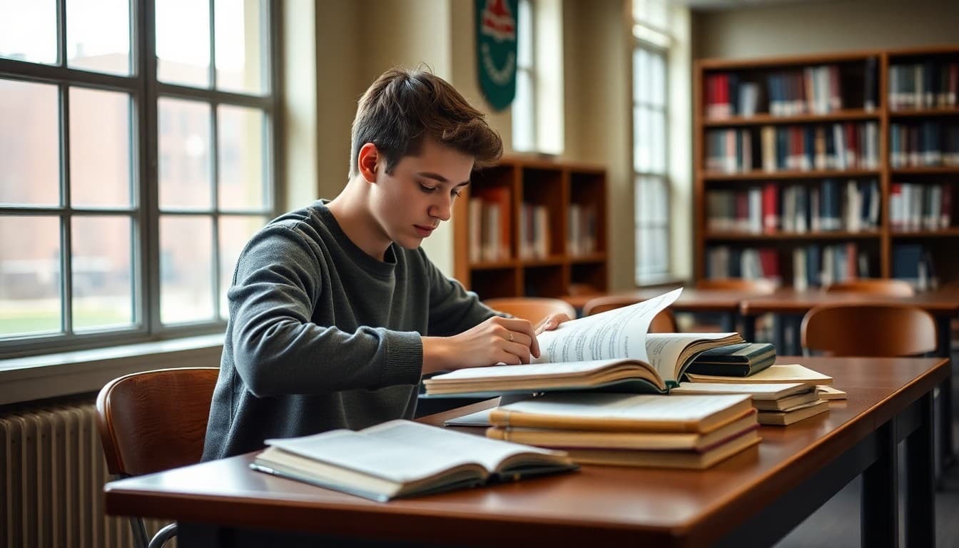 12th grade student studying at a library desk with AP exam practice books and notes spread out