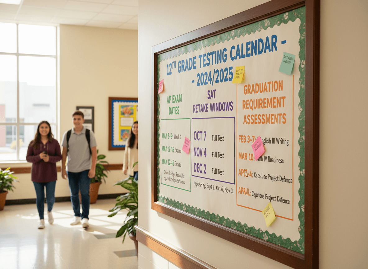 12th grade testing calendar showing AP exam dates, SAT retake windows, and graduation requirement assessments