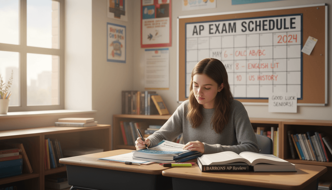 Senior student at a desk reviewing AP exam practice materials with a testing schedule calendar on the wall