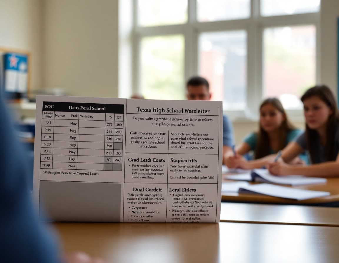 Texas high school newsletter showing EOC schedule, graduation requirements, and dual credit deadlines