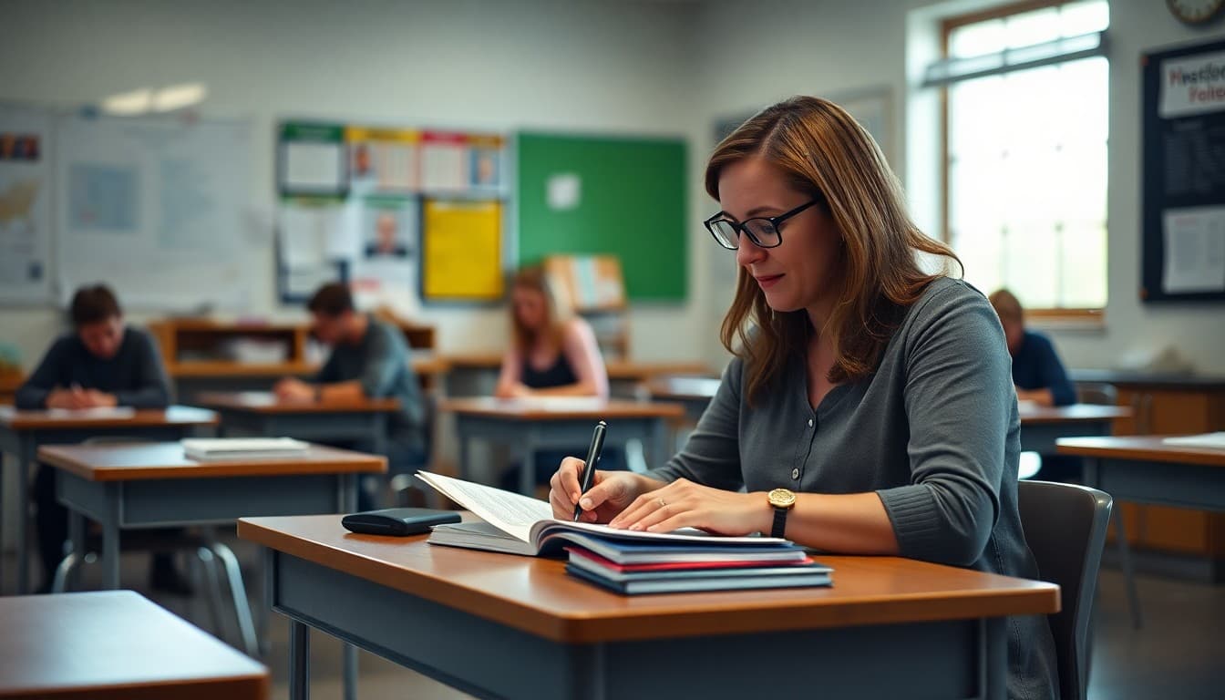High school teacher in Virginia drafting a parent newsletter at a classroom desk