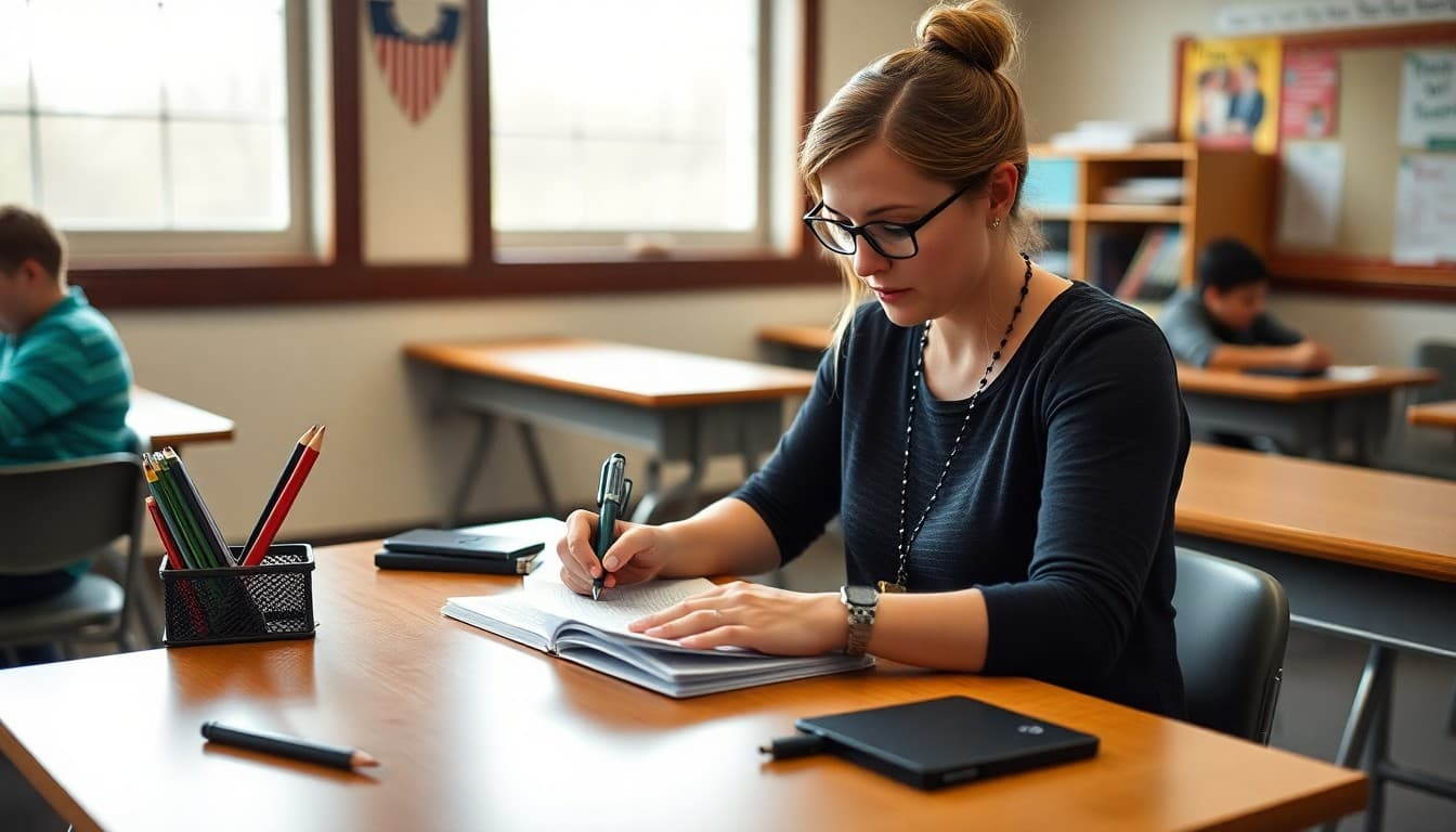 High school teacher in Vermont drafting a parent newsletter at a classroom desk