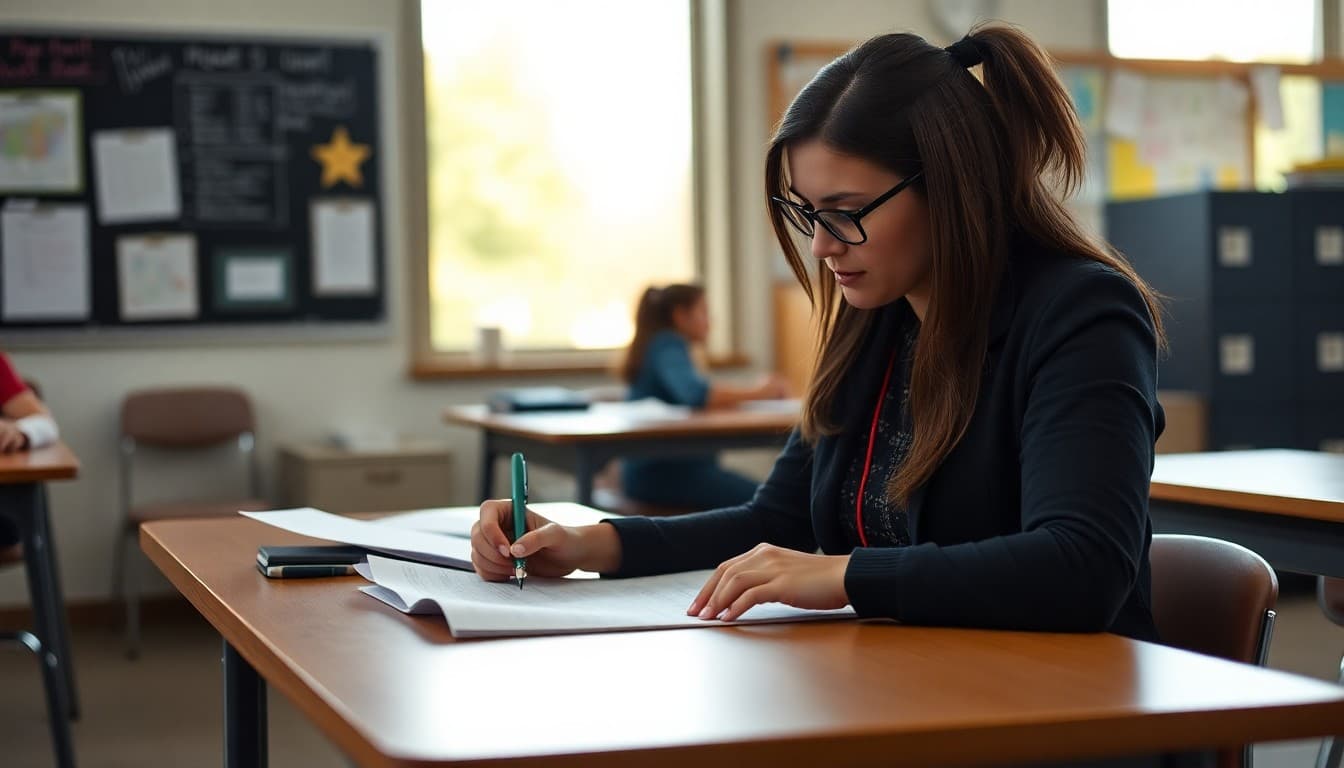 High school teacher in Washington State drafting a parent newsletter at a classroom desk