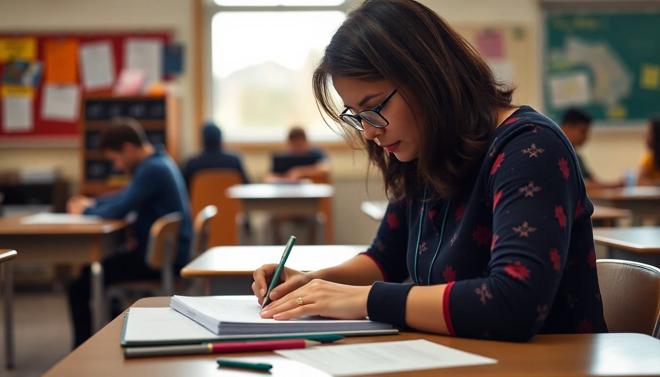 High school teacher in Washington writing a parent communication at a classroom desk