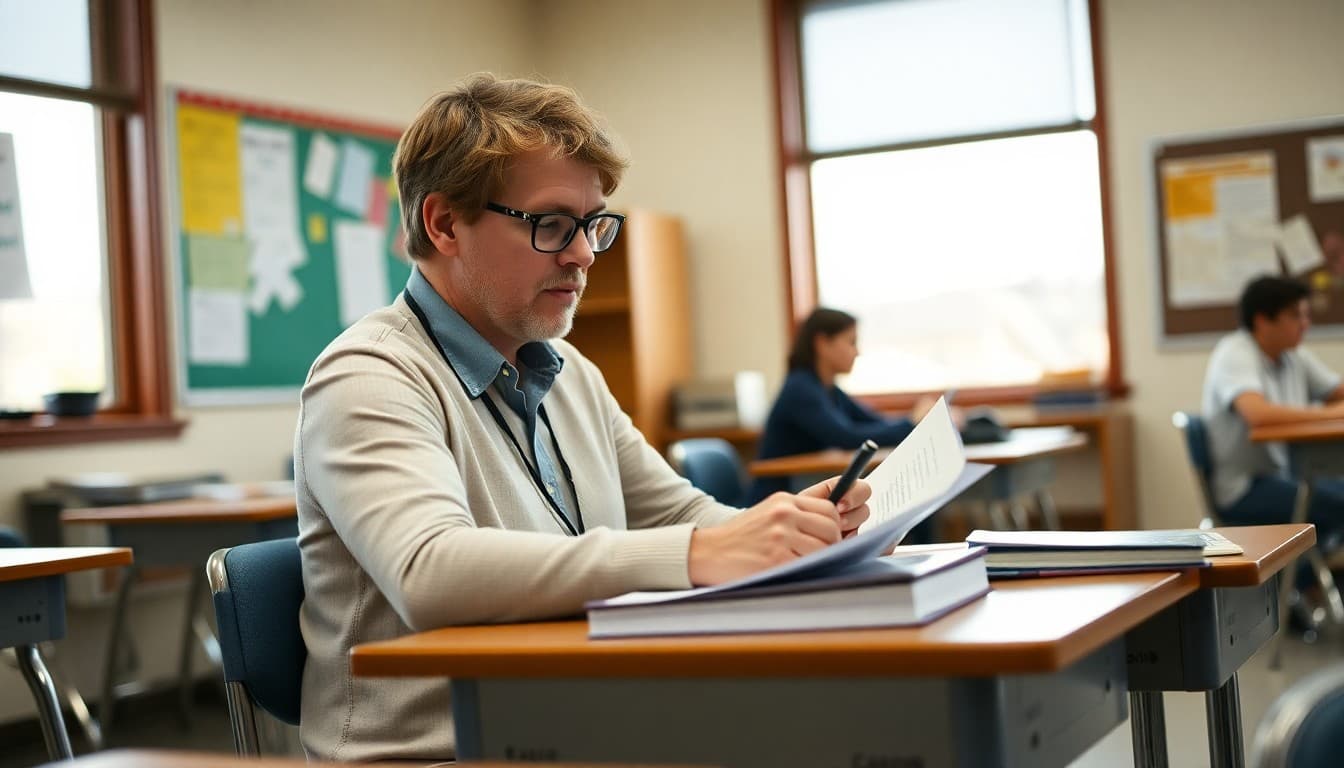 Wisconsin high school teacher drafting a parent newsletter at a classroom desk