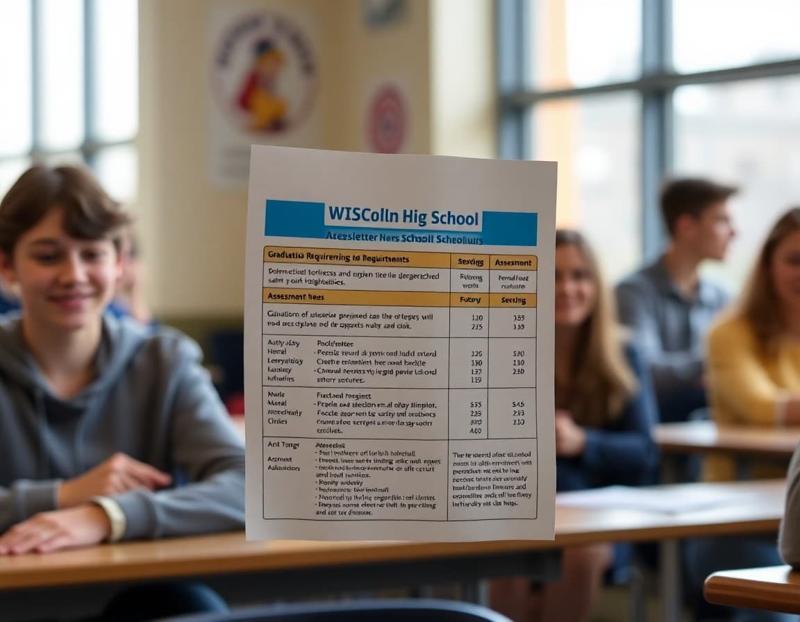 Wisconsin high school newsletter showing graduation requirements and assessment schedule