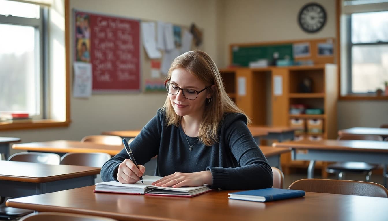 High school teacher in Wisconsin writing a parent communication at a classroom desk