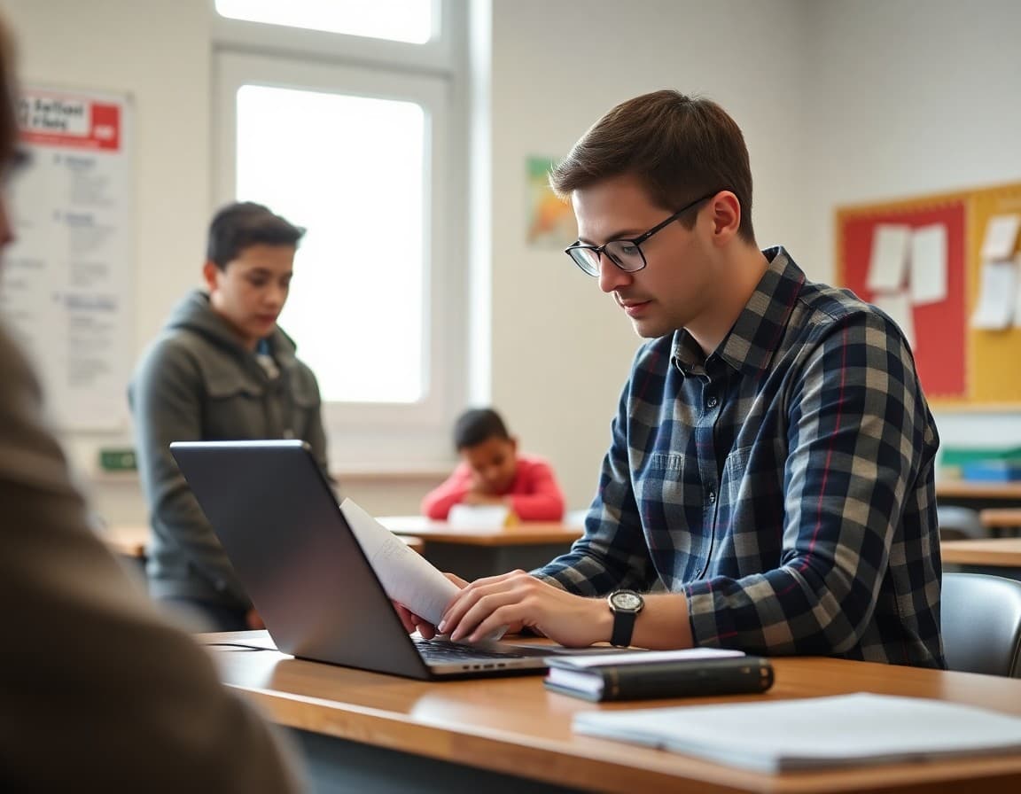 World history teacher reviewing newsletter on laptop before sending to parents