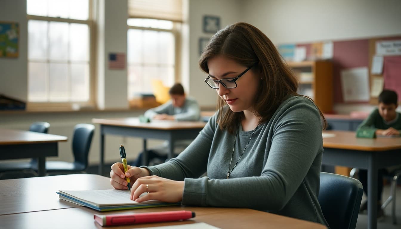 High school teacher in West Virginia drafting a parent newsletter at a classroom desk