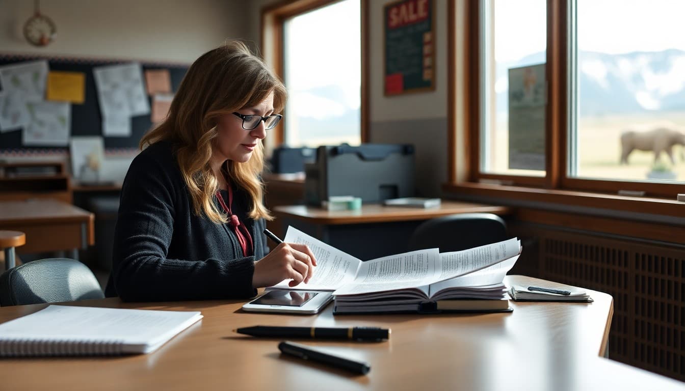 High school teacher in Wyoming drafting a parent newsletter at a desk with mountains visible