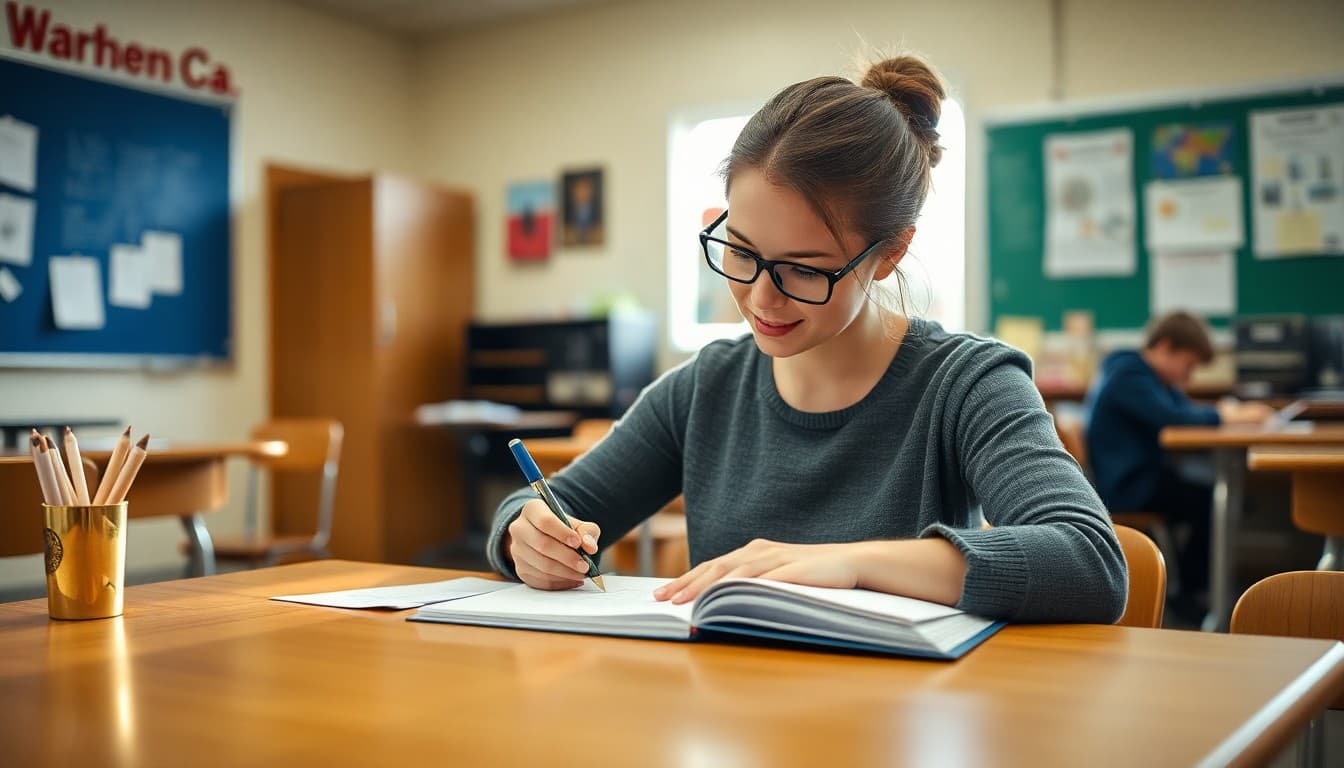High school teacher in Wyoming writing a parent communication at a classroom desk