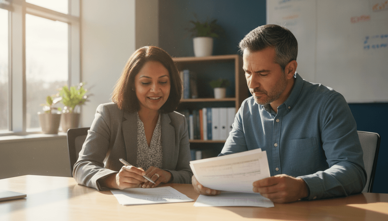 A college administrator and an adult student reviewing an academic transcript together at a desk