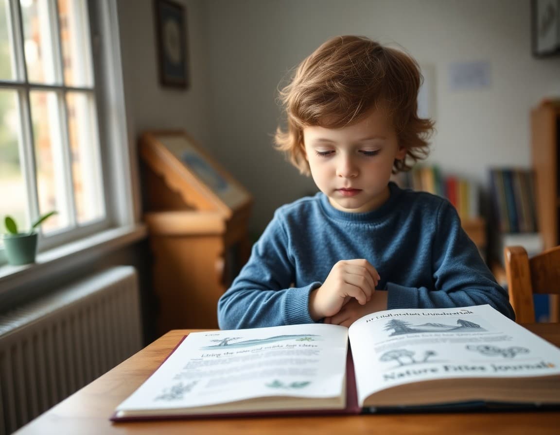 Child doing Charlotte Mason narration at a desk with living books and illustrated nature journal open