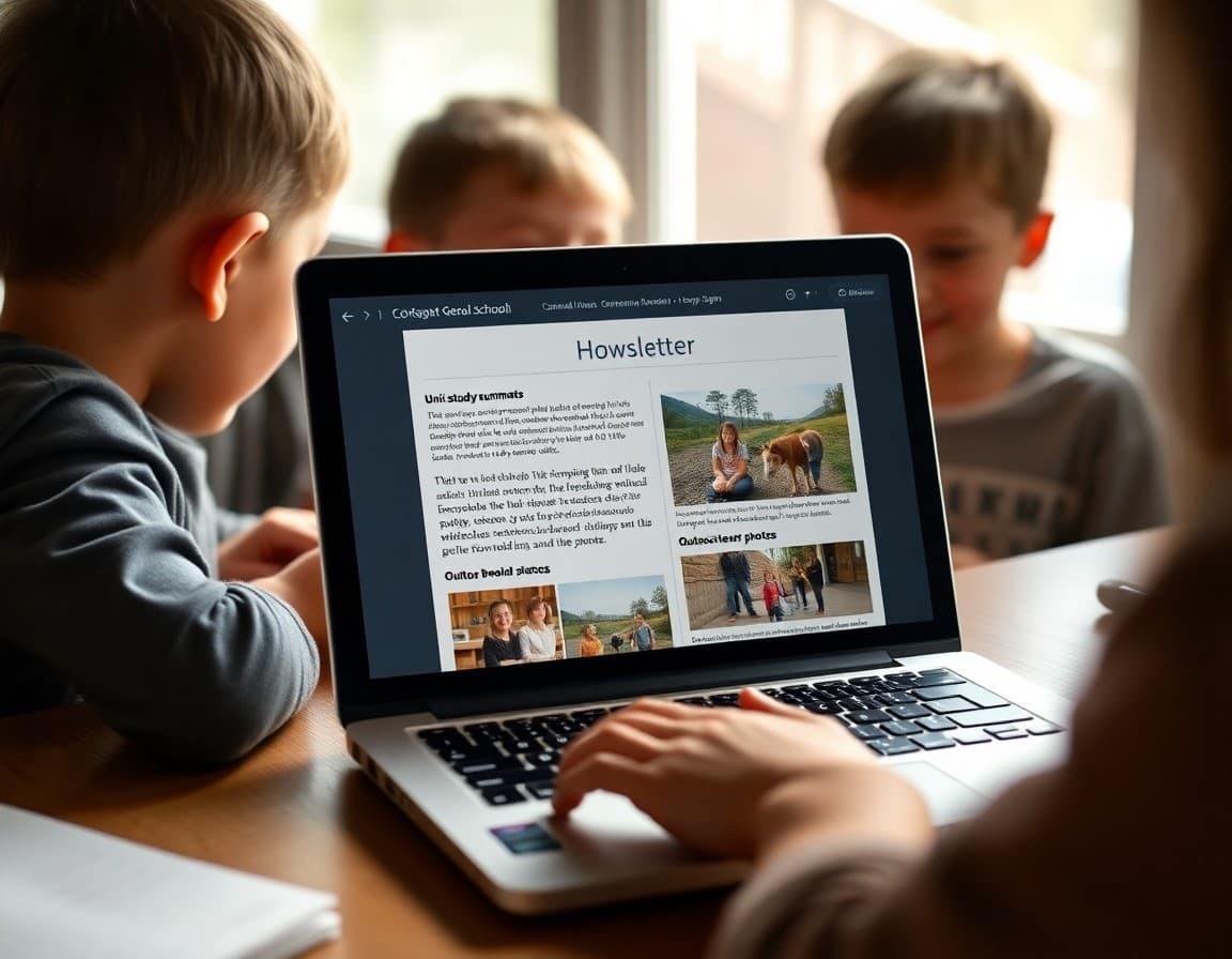 Colorado homeschool newsletter on a laptop showing unit study summaries and outdoor learning photos