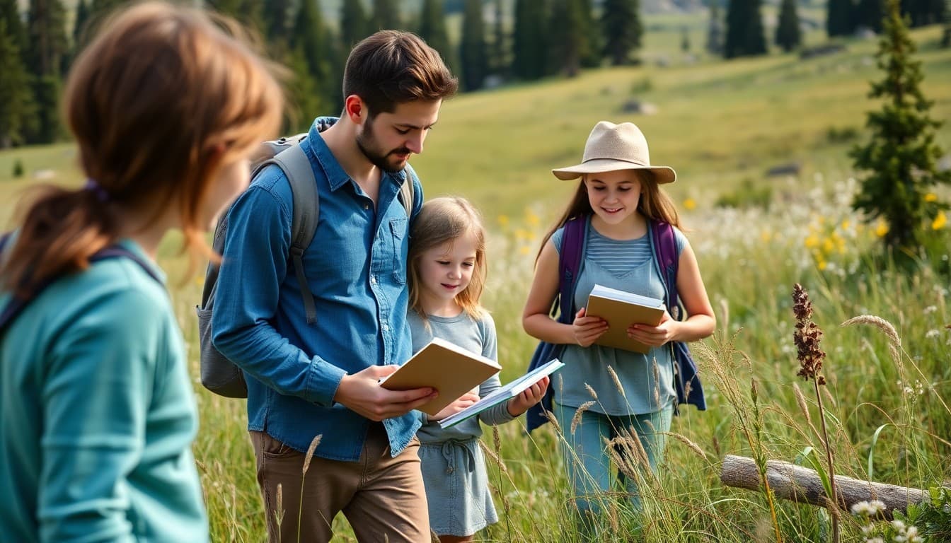 A homeschool family hiking in a mountain meadow with notebooks and nature study materials