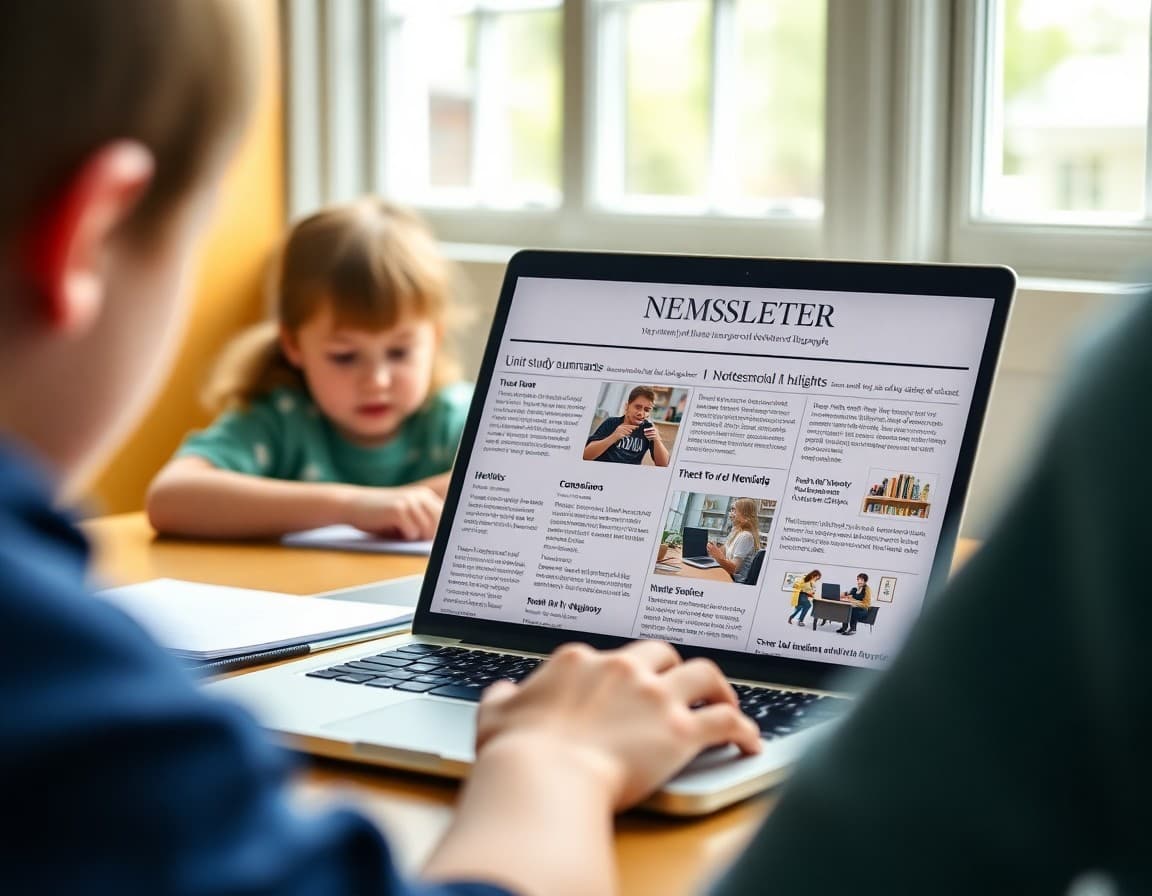 Connecticut homeschool newsletter on a laptop showing unit study summaries and student work highlights