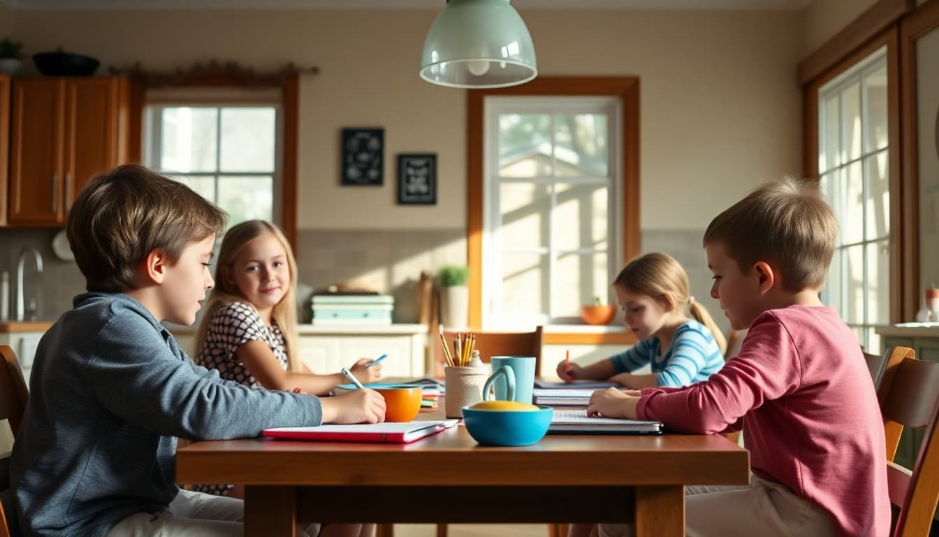 Two homeschool families checking in on each other's learning progress at a kitchen table meeting