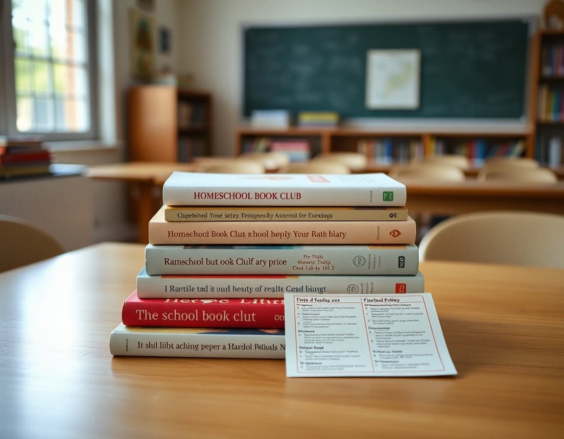 Stack of books with homeschool book club newsletter notes and reading list on a table