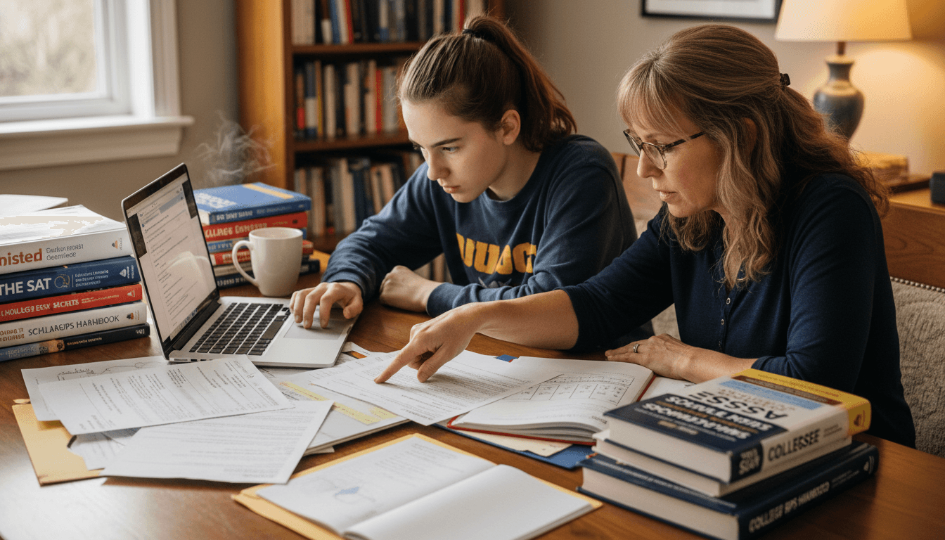 A homeschool teen sitting at a desk reviewing college application materials with a parent nearby