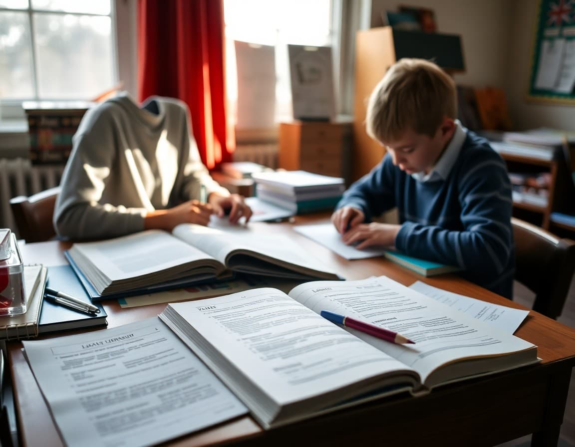 Open curriculum books and lesson planning materials spread on a home desk with notes visible