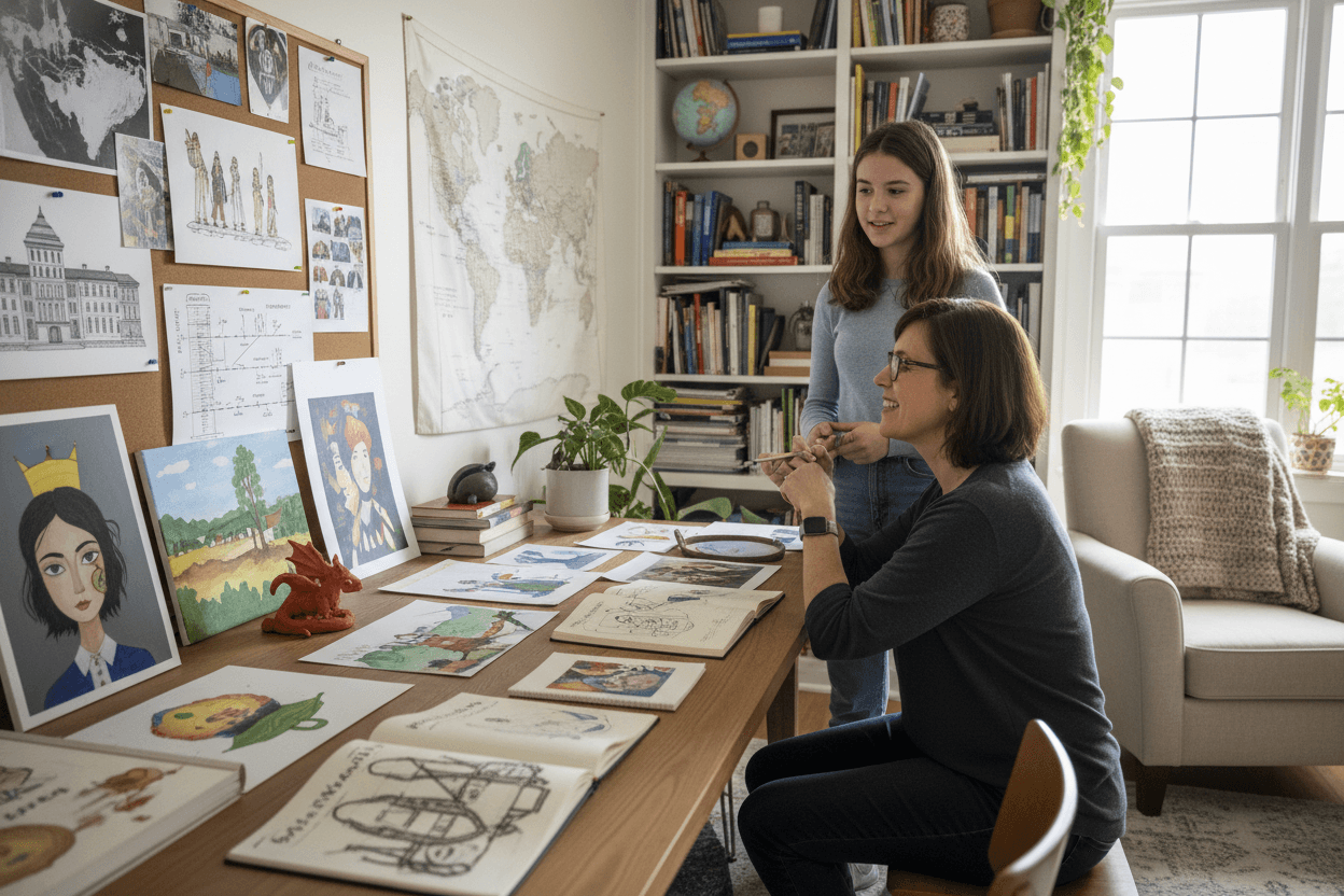 Homeschool evaluator reviewing a student portfolio with parent and student in a home setting