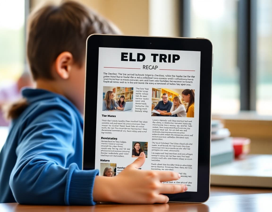 Homeschool field trip recap newsletter on a tablet with photos and detailed learning documentation