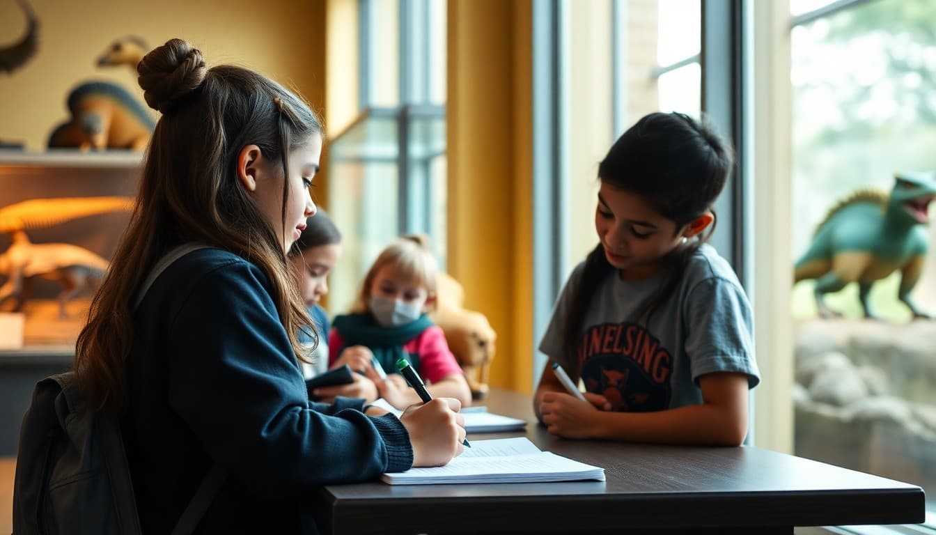 Homeschool students taking notes and sketching at a natural history museum with exhibits visible behind them