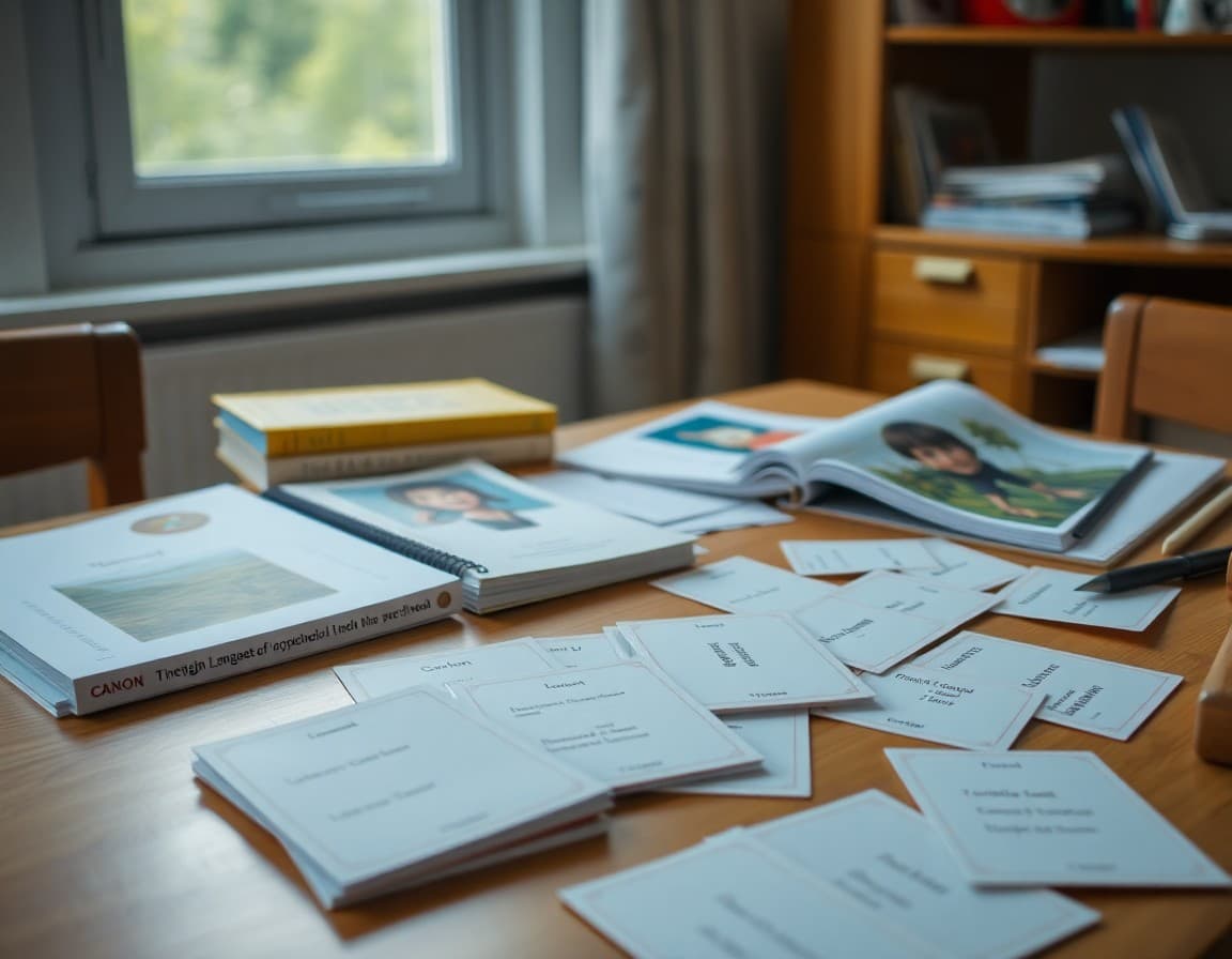 Homeschool foreign language curriculum and vocabulary flash cards spread on a study table