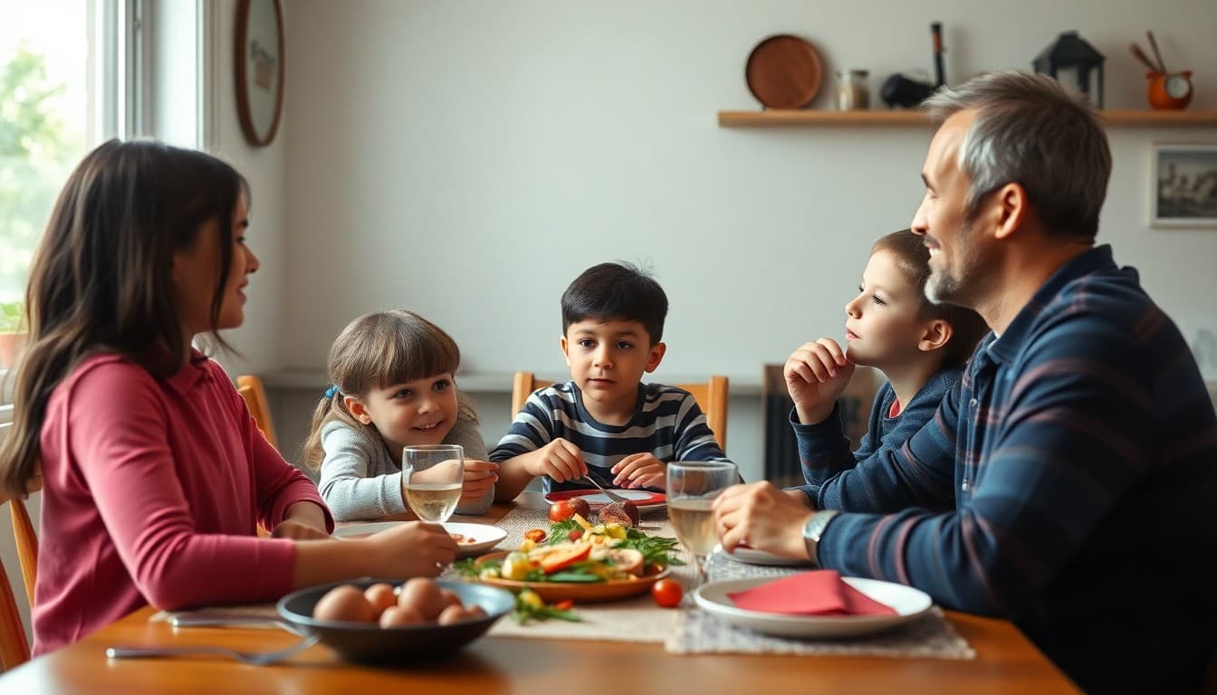 Homeschool family practicing foreign language conversation together at the dinner table