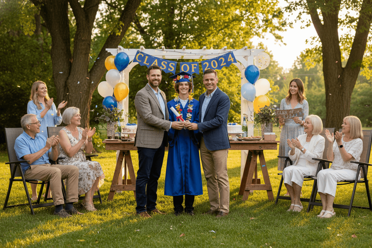Homeschool co-op graduation ceremony with multiple students receiving diplomas from parents and community members