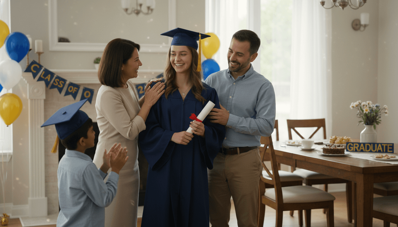 Homeschool graduate in cap and gown holding a diploma alongside proud parents in a decorated home ceremony setting