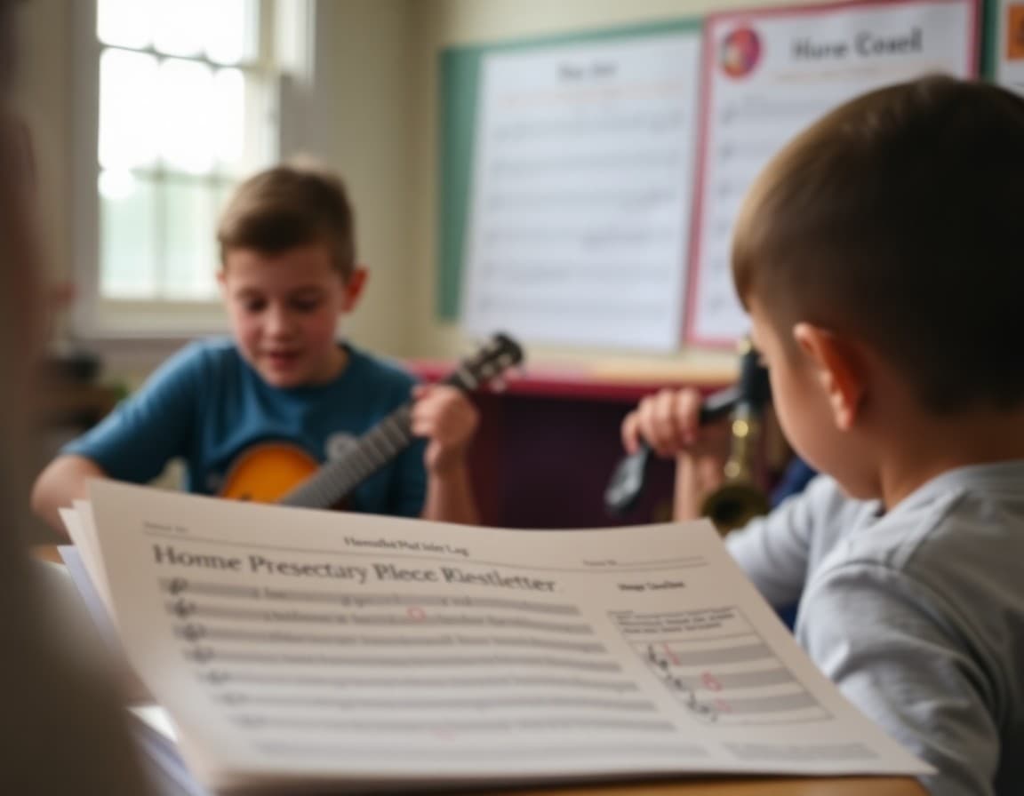 Homeschool music program schedule and practice log newsletter with sheet music in background