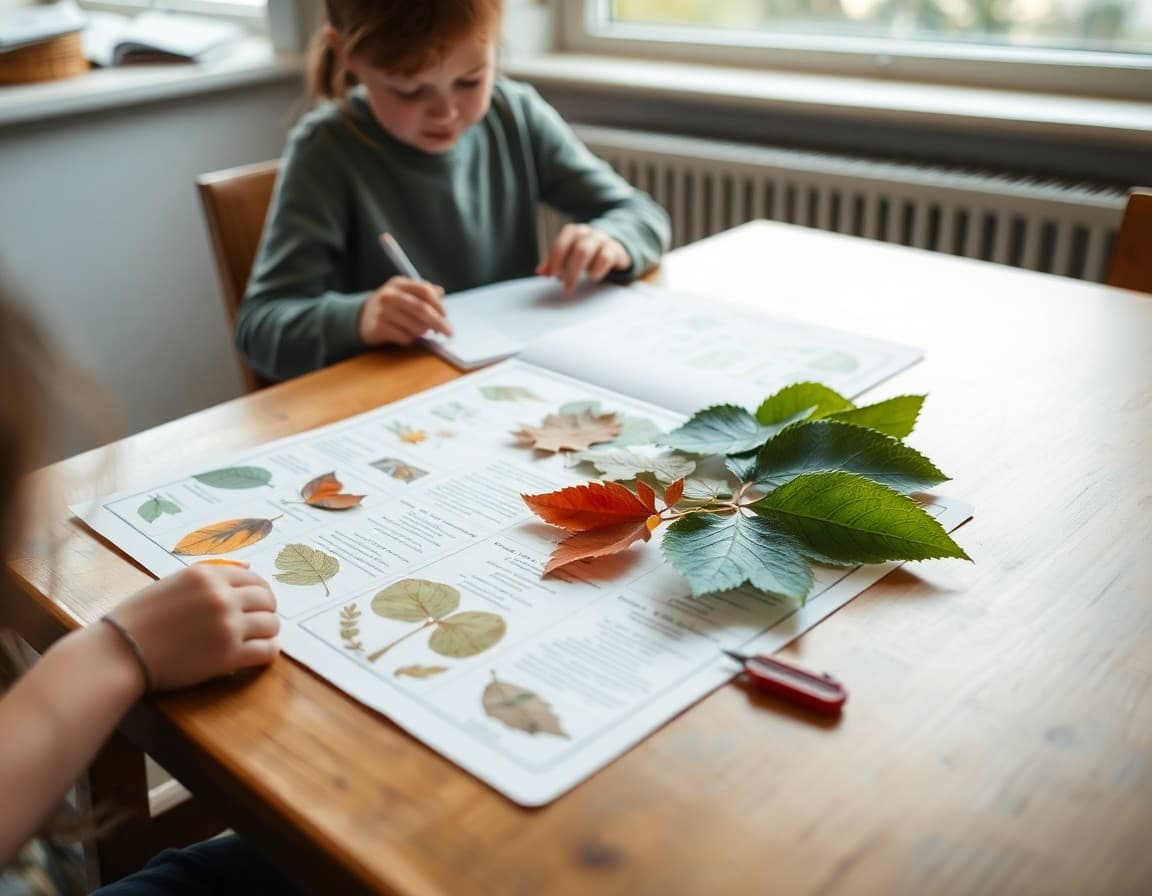 Homeschool nature study newsletter with pressed leaves, field sketches, and journal prompts on table