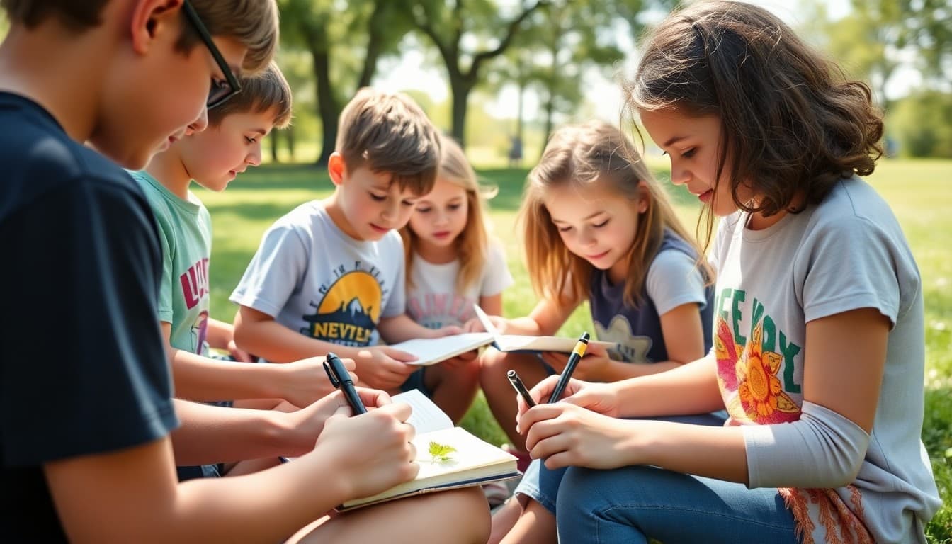 Homeschool group doing nature journaling in an outdoor park setting on a sunny day