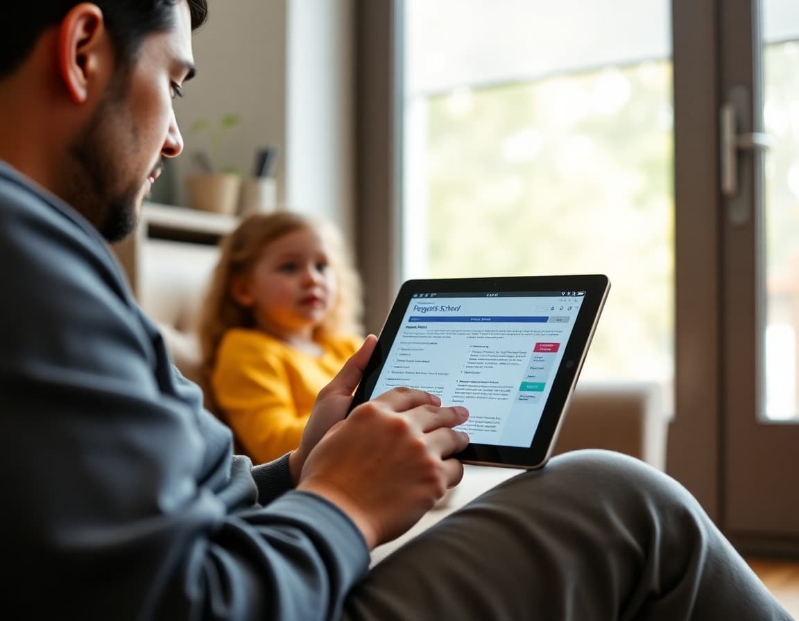 Parent reviewing homeschool virtual school progress report and newsletter on tablet at home