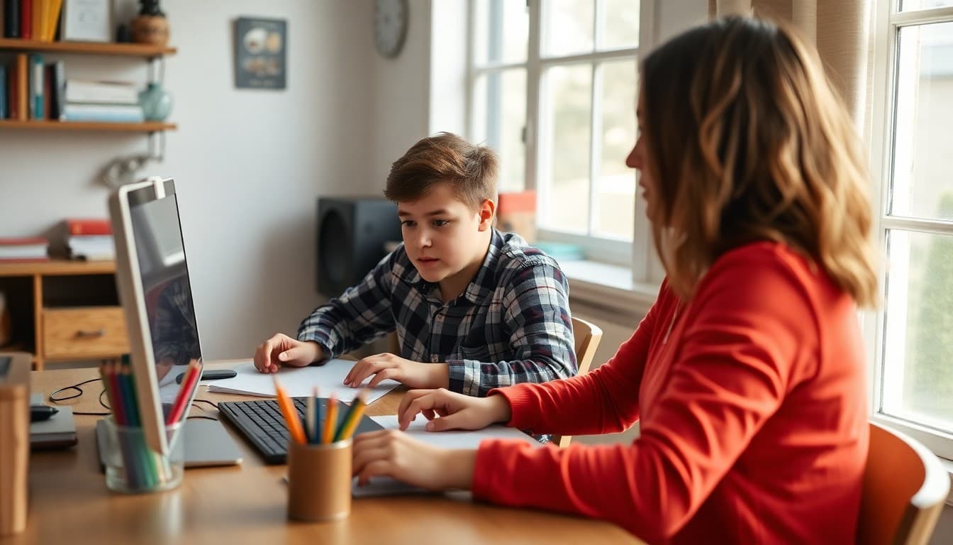 Homeschool student doing online virtual school with parent providing support at home desk
