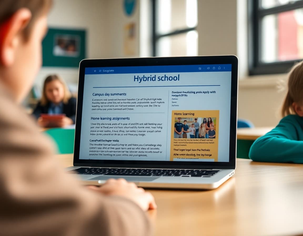 Hybrid school newsletter on a laptop showing campus day summaries and home learning assignments