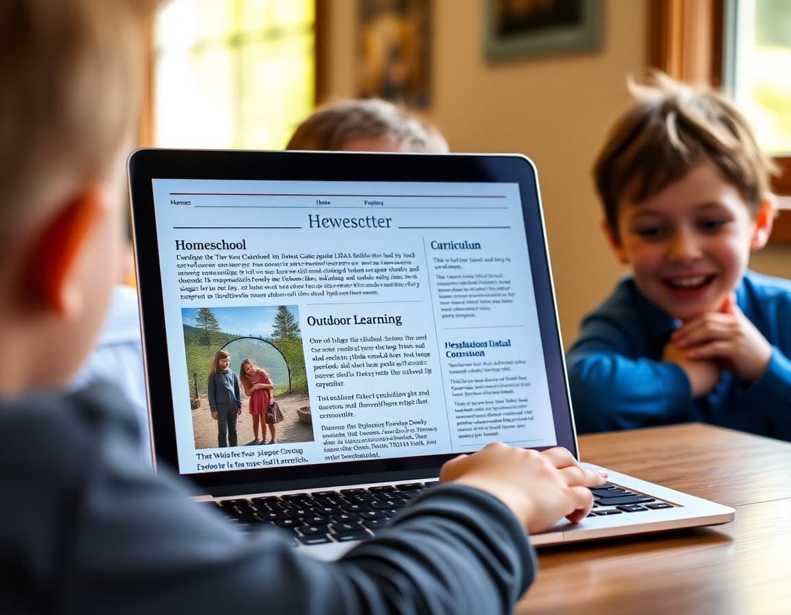 Idaho homeschool newsletter displayed on a laptop with outdoor learning sections and curriculum updates