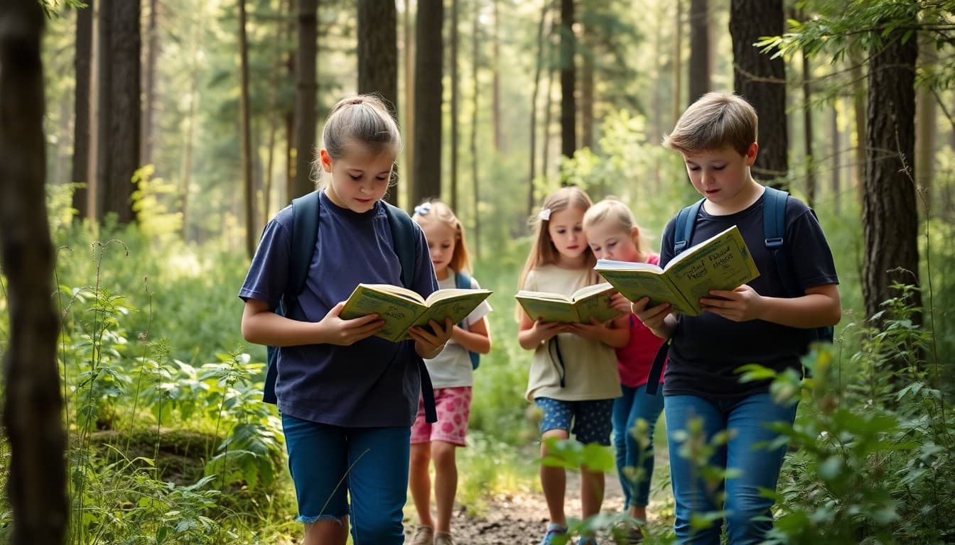 A homeschool family doing a nature study walk through an Idaho forest with field guides