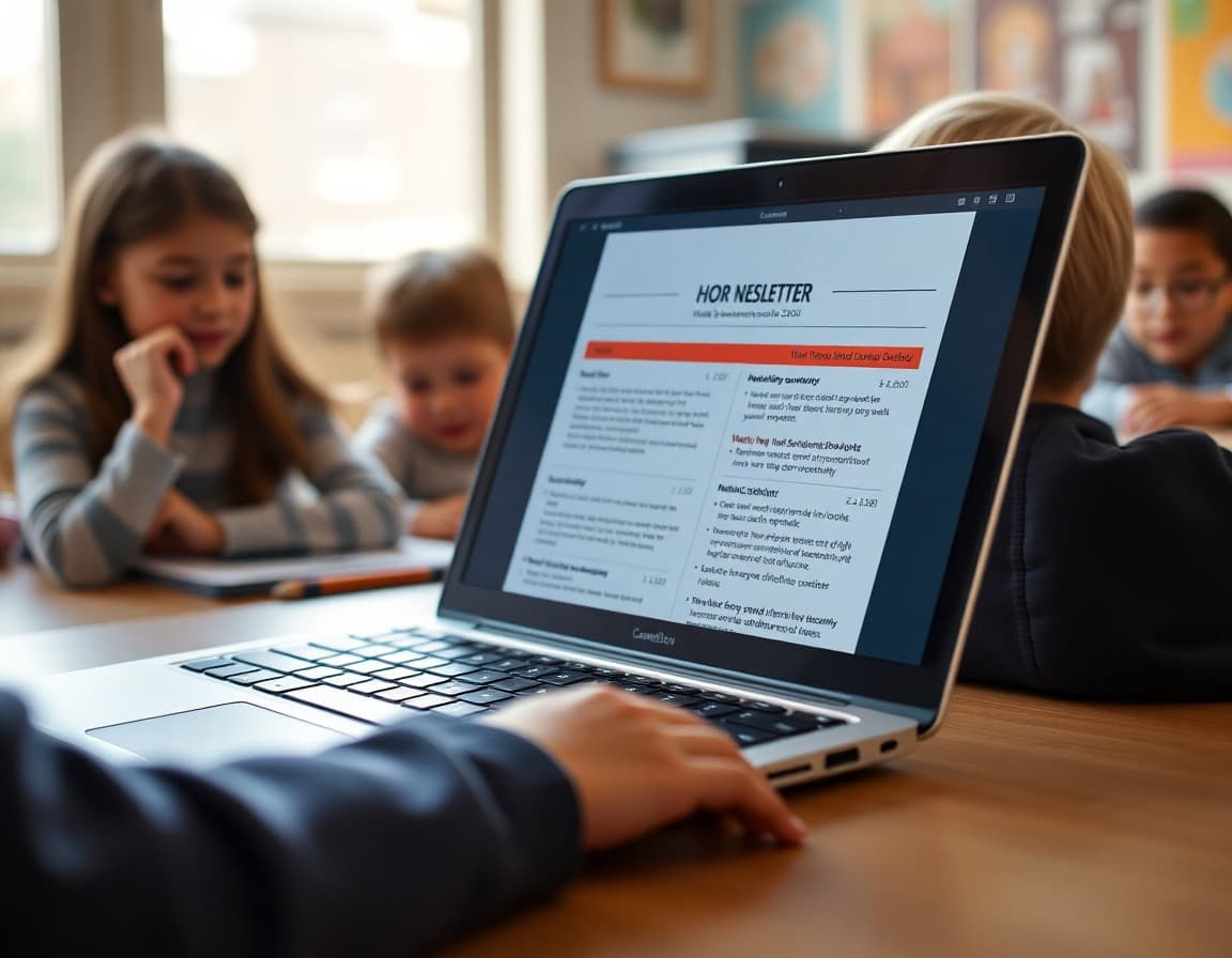 Illinois homeschool newsletter on a laptop showing weekly learning summaries and curriculum notes