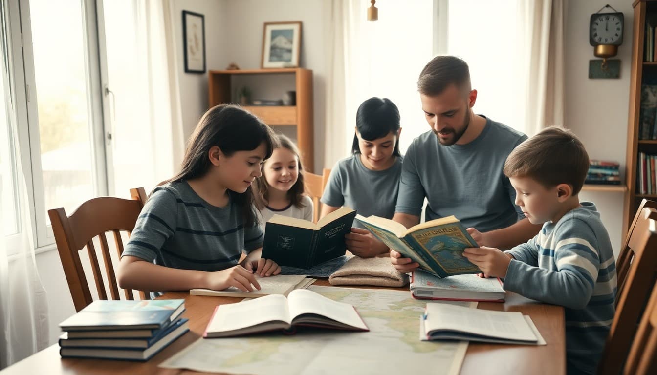 A homeschool family working together at a dining room table with books, maps, and student projects