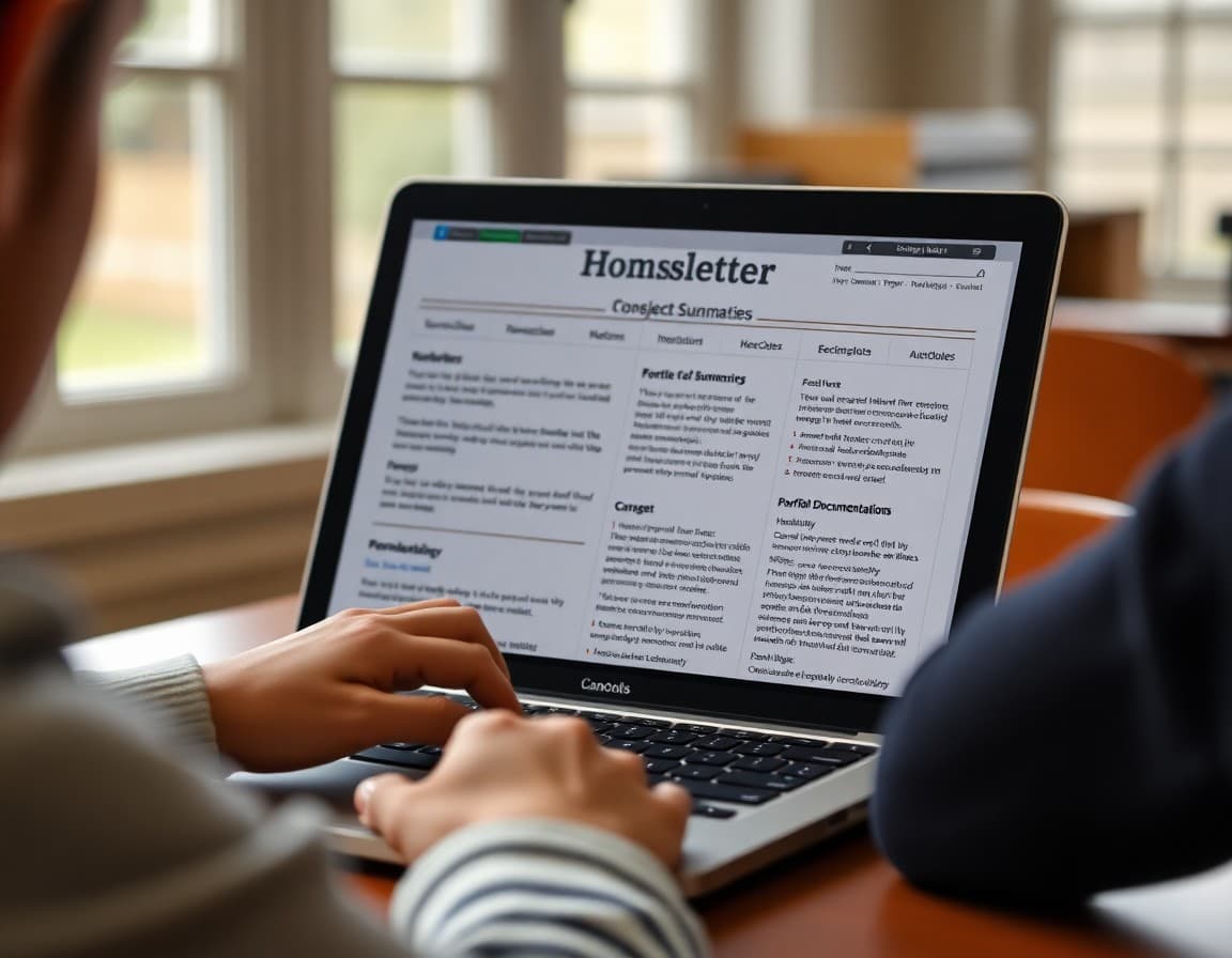 Maryland homeschool newsletter on a laptop showing subject summaries and portfolio documentation notes