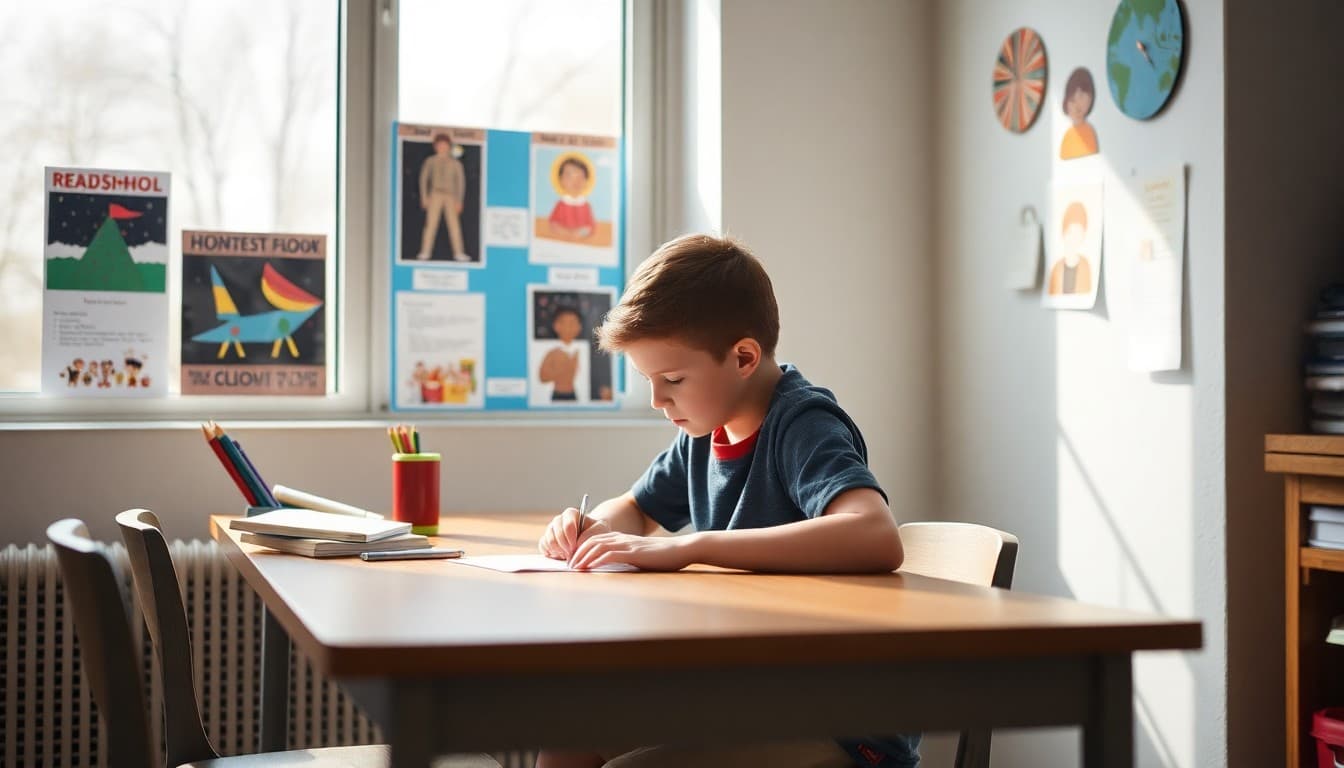 A Maryland homeschool student working at a desk near a window with student projects displayed on the wall