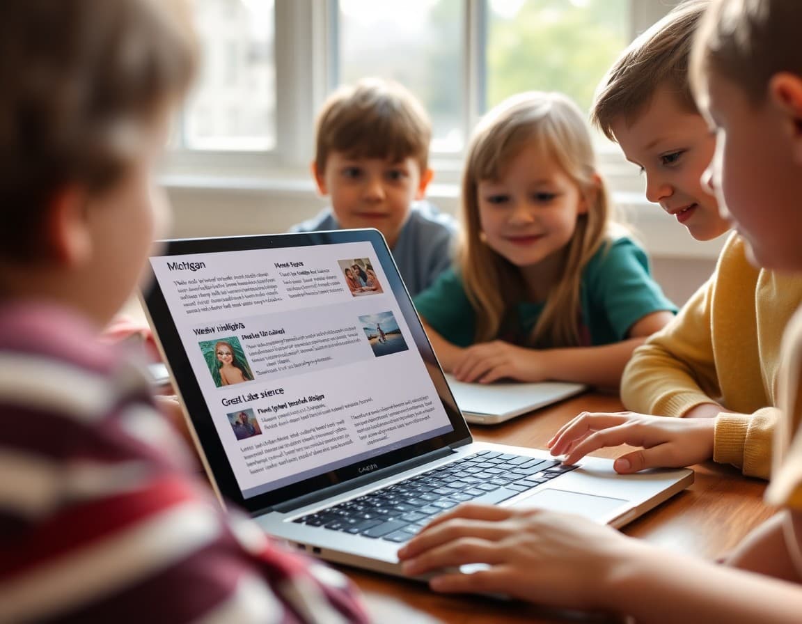 Michigan homeschool newsletter on a laptop showing weekly learning highlights and Great Lakes science entries