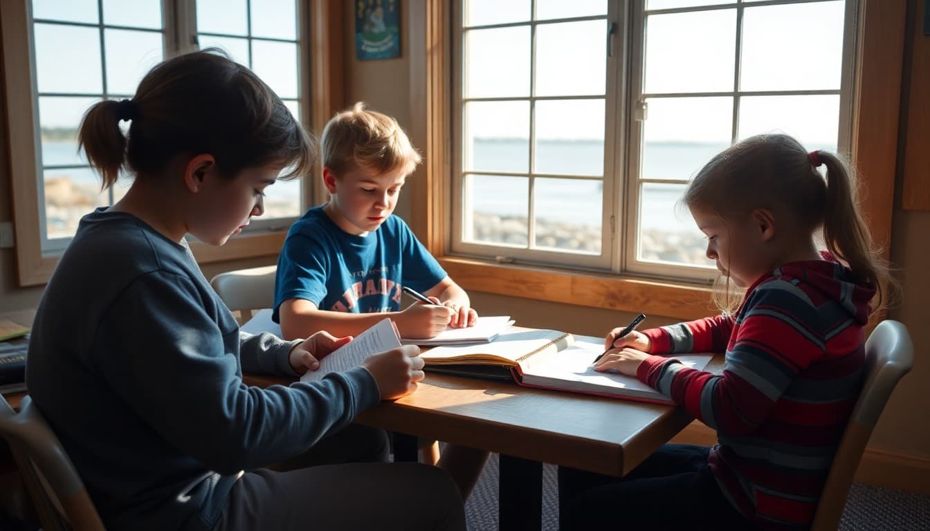 Michigan homeschool students working on a project near a Great Lakes shoreline with notebooks open