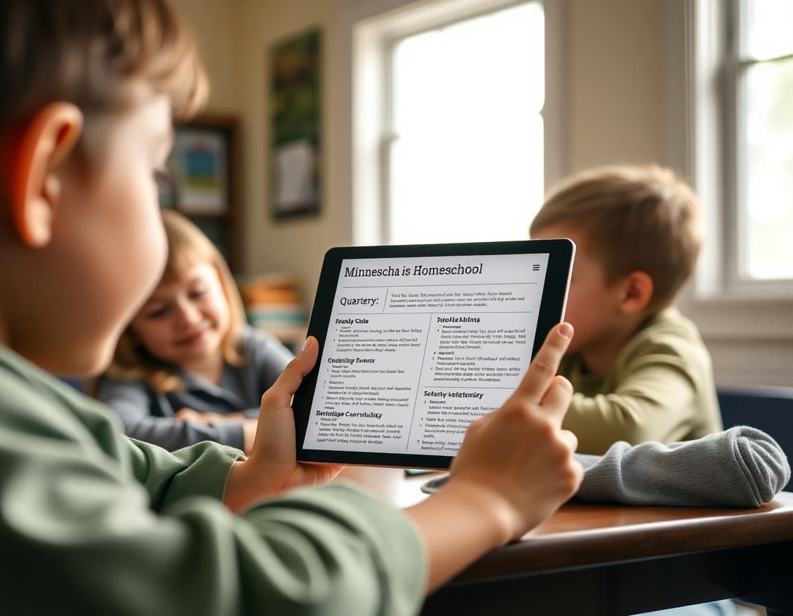 Minnesota homeschool newsletter on a tablet with quarterly learning summaries and curriculum updates