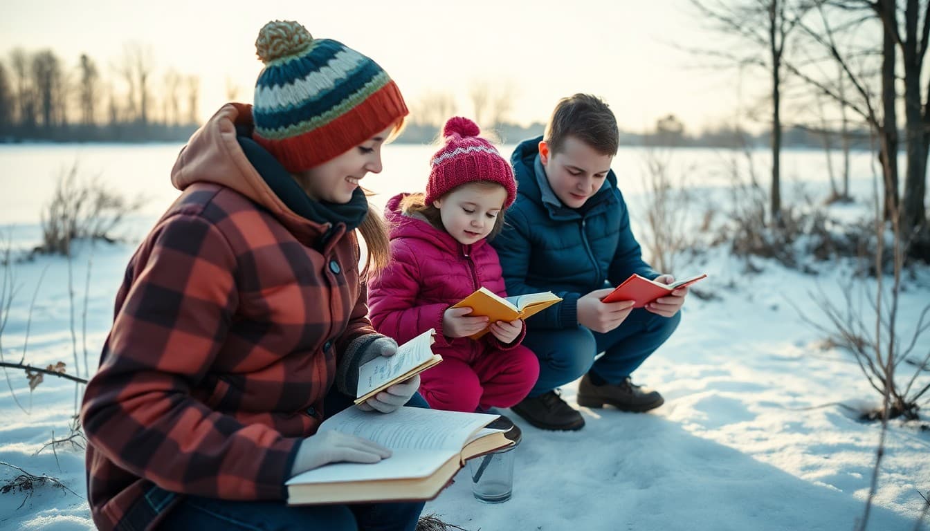 A Minnesota homeschool family doing winter nature study near a frozen lake with field notebooks
